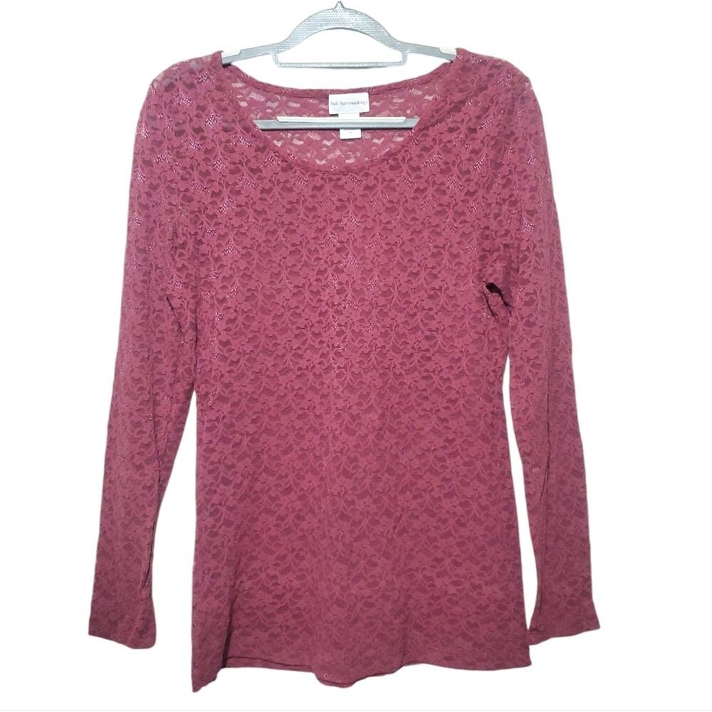 Soft Surroundings Lace Stretch Long Sleeve Layering Top Dusty Rose Pink Mauve